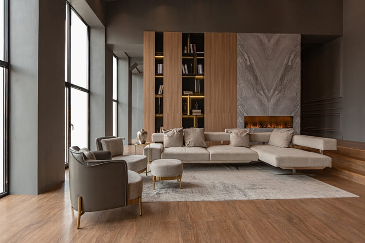 chic modern design of a dark expensive interior of a luxurious country house with huge panoramic windows and a magnificent view of the divine forest