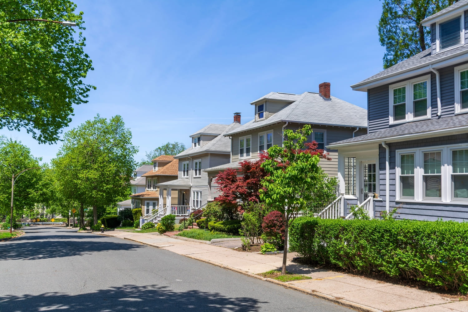 Beautiful suburban street lined with traditional American homes on a late spring day in Boston, Massachusetts, USA