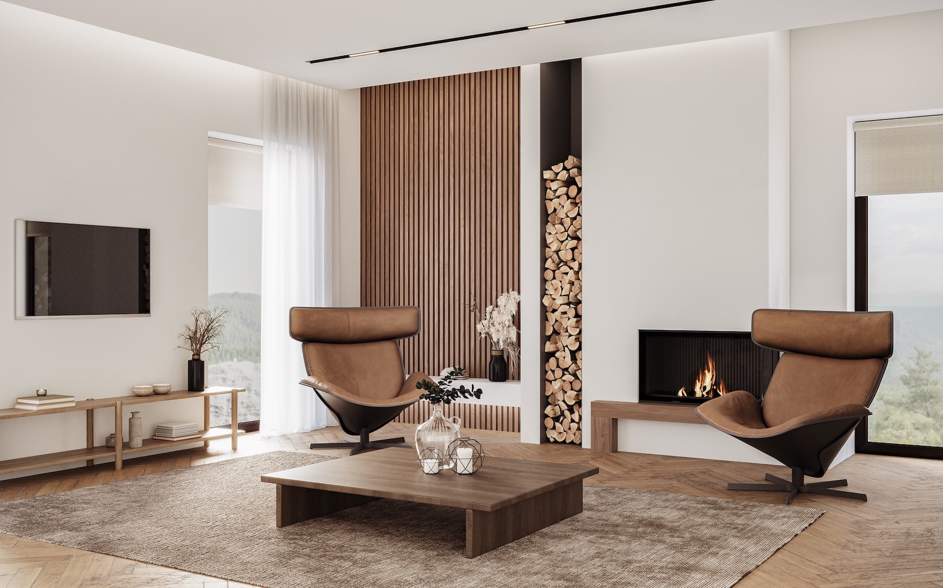 Minimalist living room interior with white walls and modern fireplace. Interior mockup, 3d render