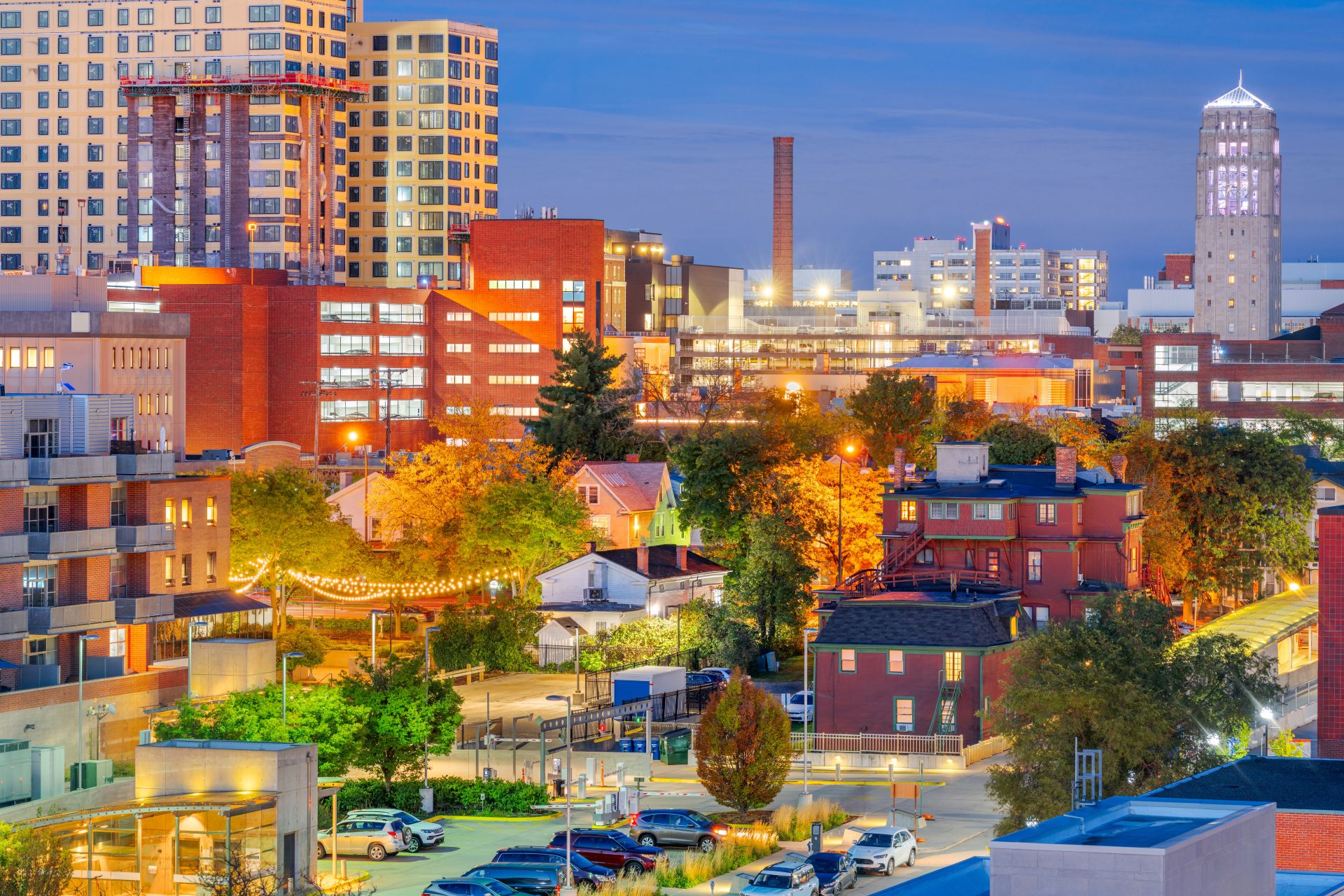 Ann Arbor, Michigan, USA downtown city skyline at night.
