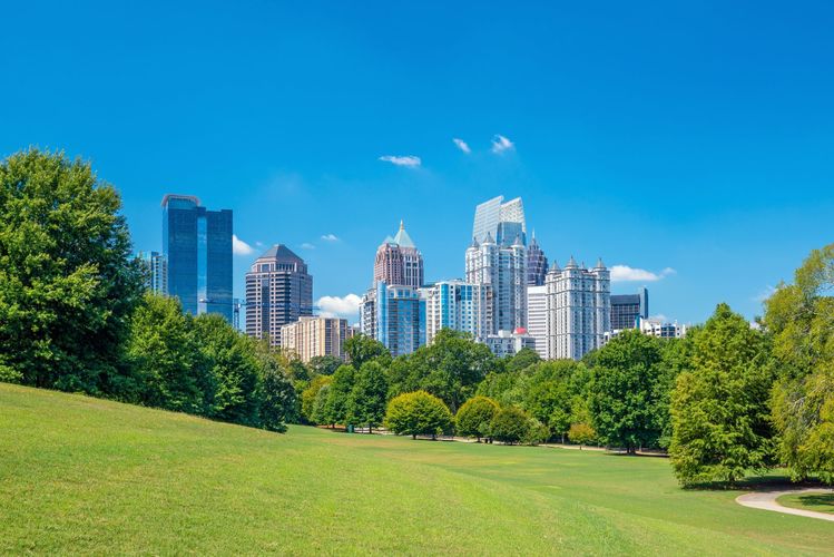 Midtown Atlanta skyline from the park in USA