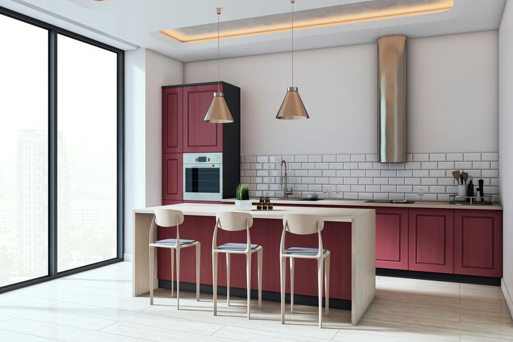 Contemporary,Kitchen,Room,With,Red,Cabinets,,Subway,Tile,Wall,,Wood