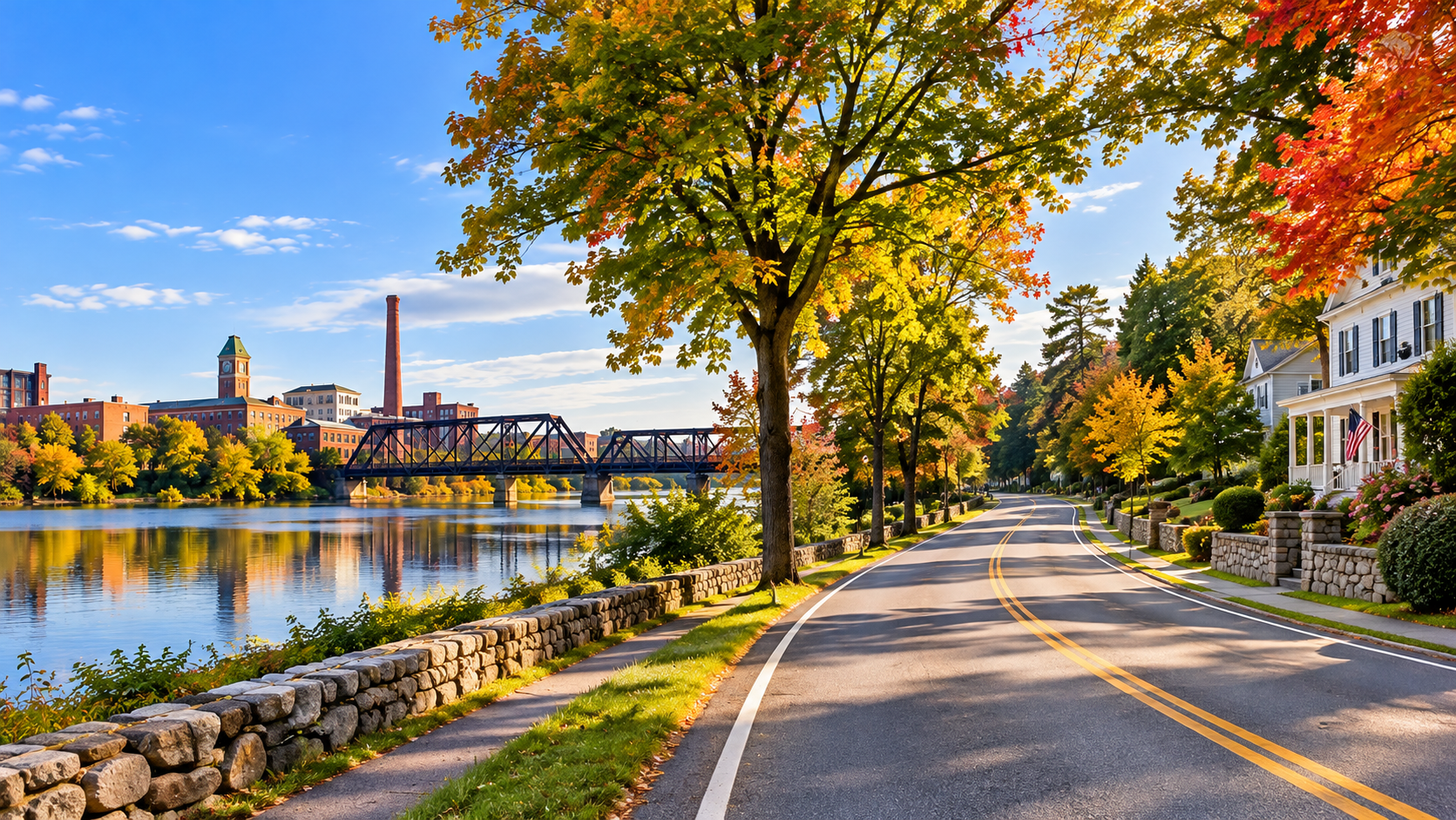 Autumn Riverfront Road in New England