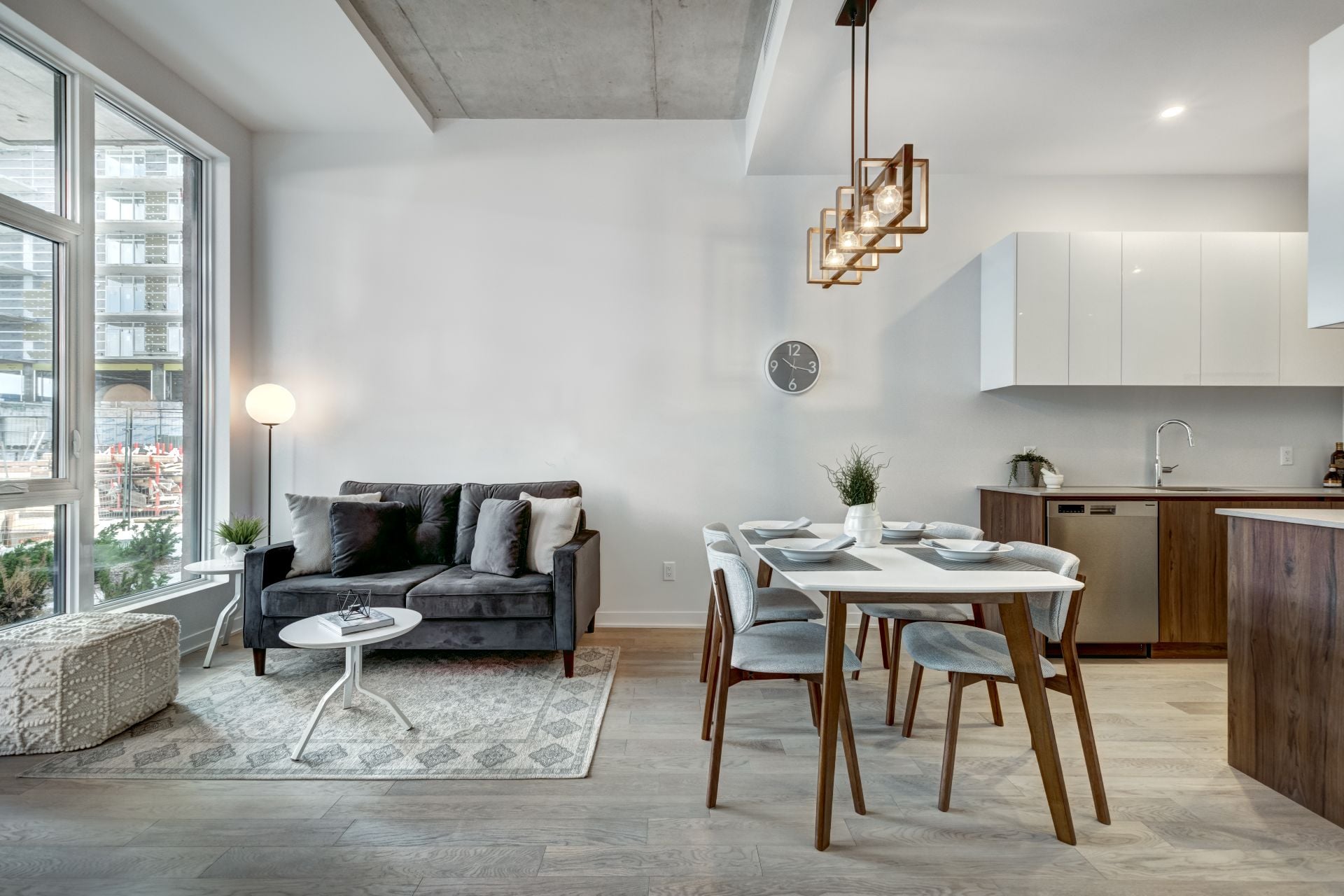 Canadian style luxury furnished staged brand new apartment in the apartment building with the exterior views