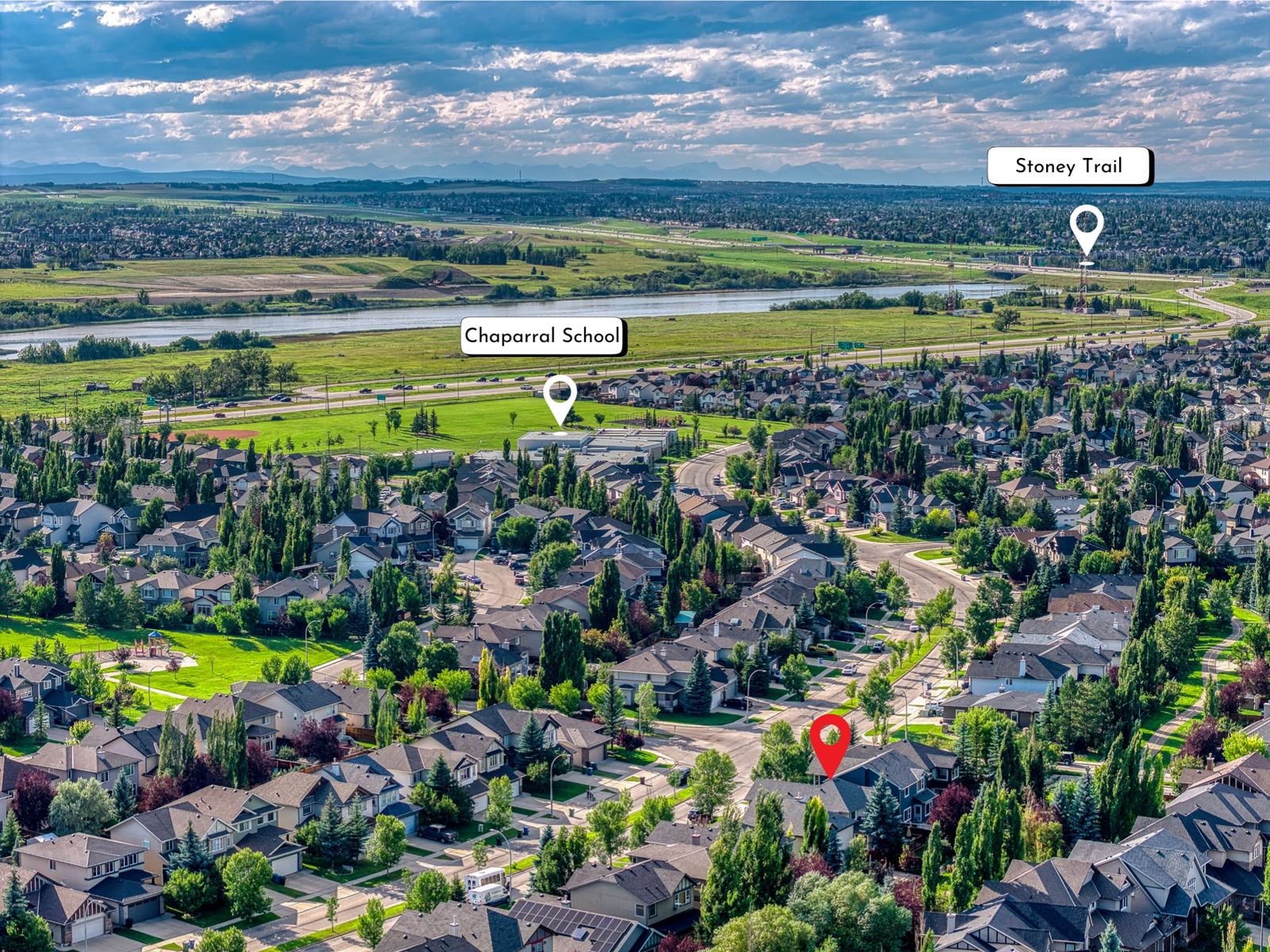 Aerial view of Chaparral in southeast Calgary, with Chaparral School and Stoney Trail labelled
