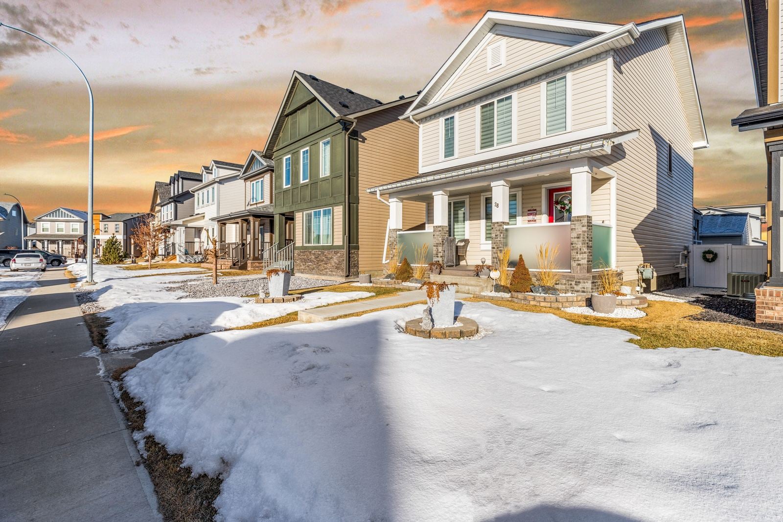 Street of front-porch homes in Copperfield, southeast Calgary