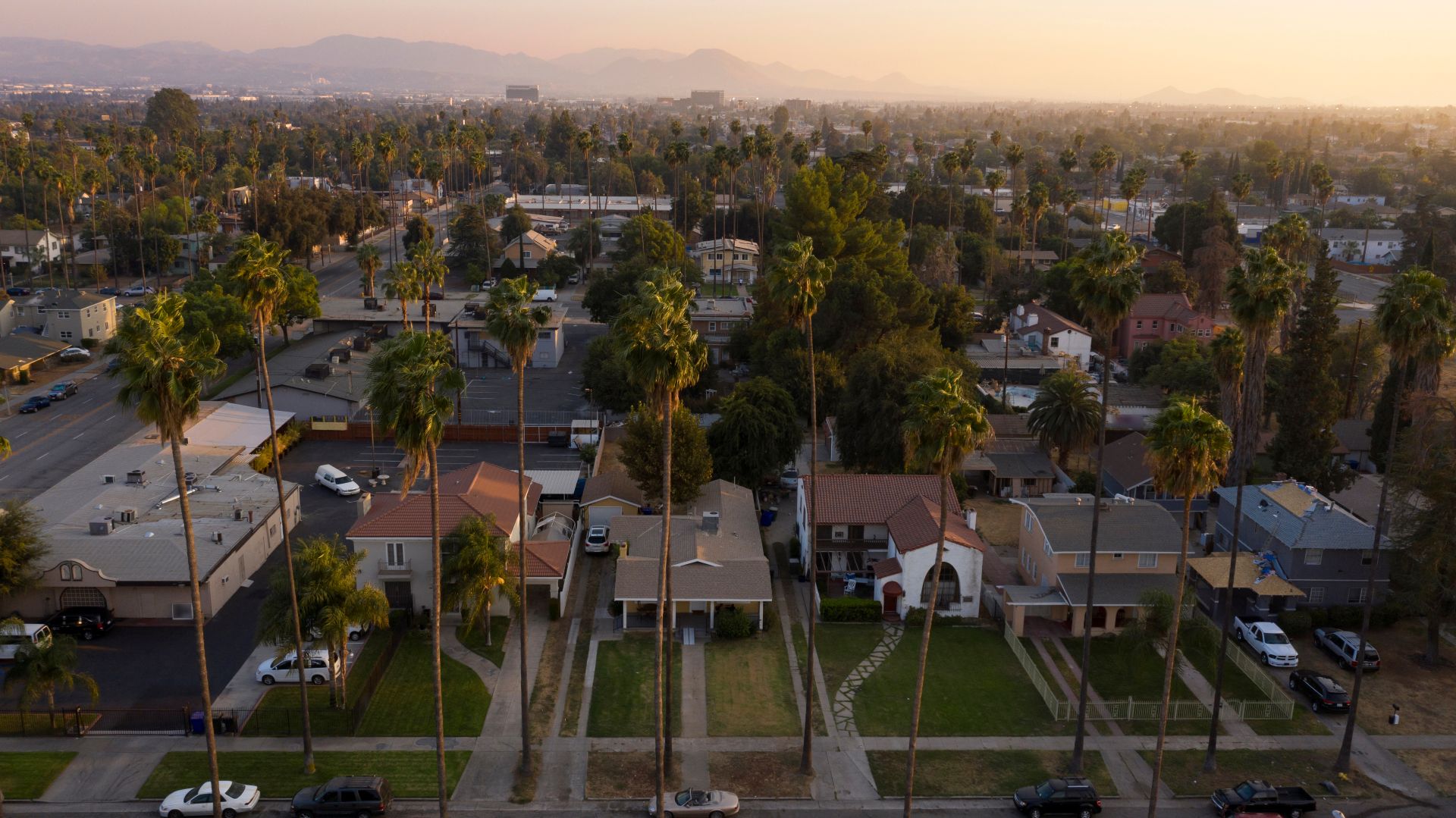 Sunset aerial view of the bankrupt city of San Bernardino, California, USA.