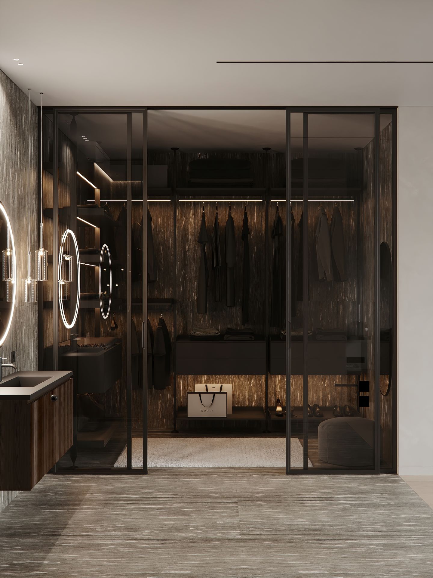 Wardrobe with amber glass door, dressing table, stool in gray wall bedroom with black carpet floor for interior design decoration, product background 3D