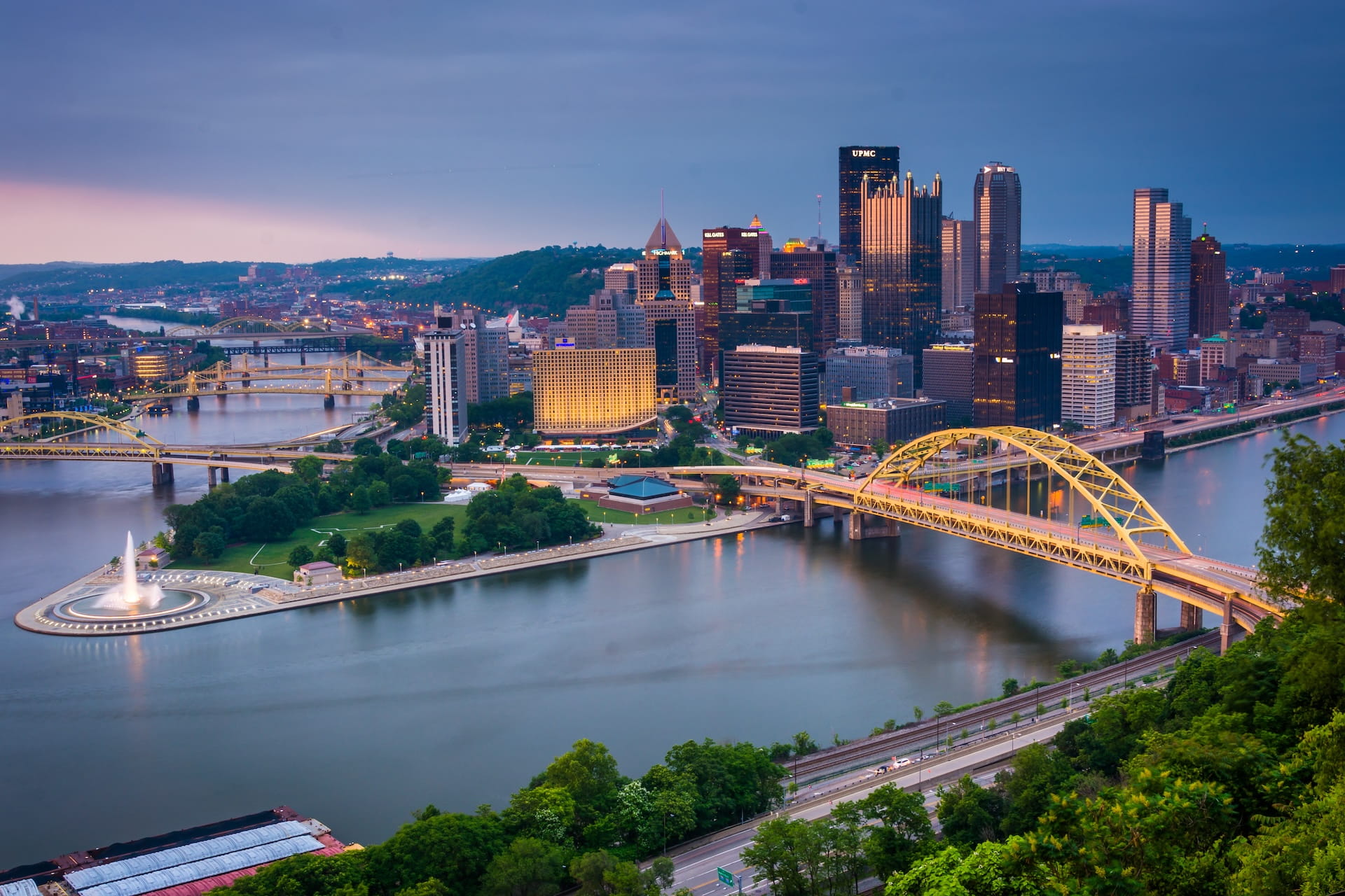 Evening view of Pittsburgh from the top of the Duquesne Incline in Mount Washington, Pittsburgh, Pennsylvania. (1)