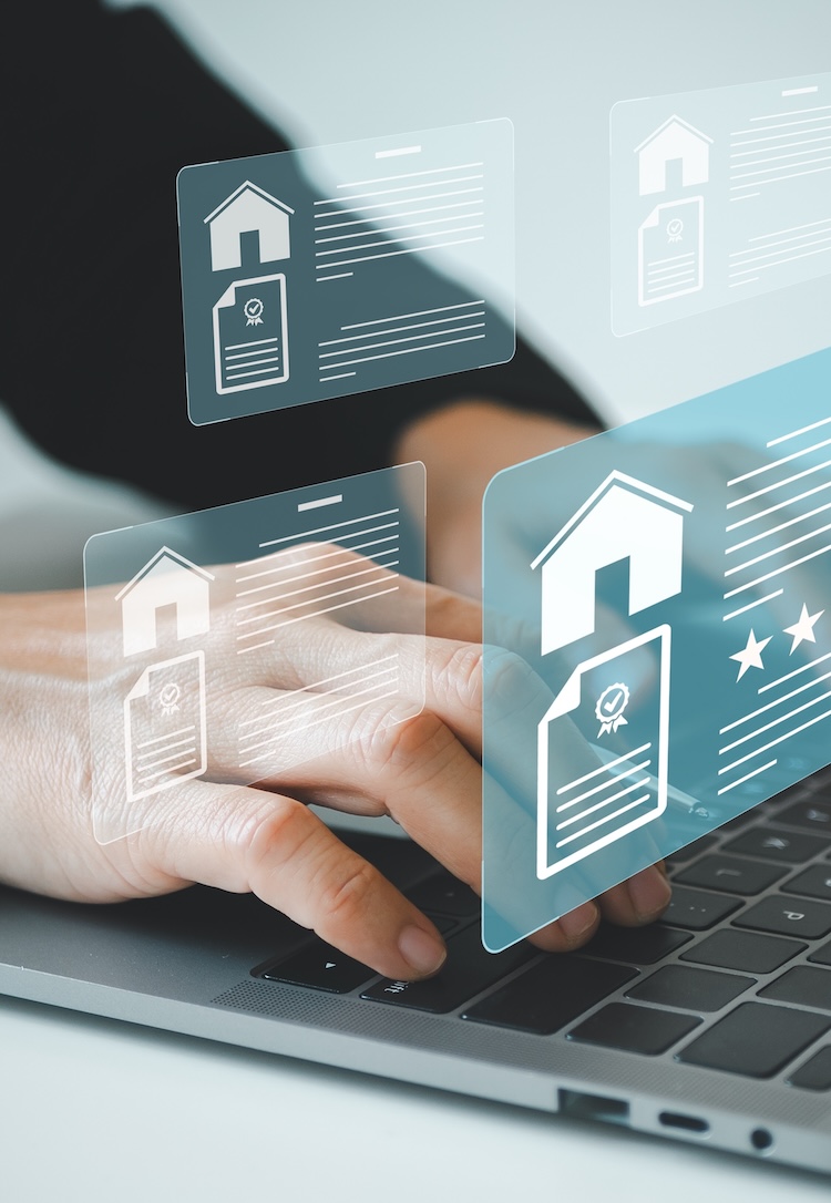 Real estate concept. Property value, buy a house, investment planning, business real estate and business development. Person using laptop with house icon on virtual screen.