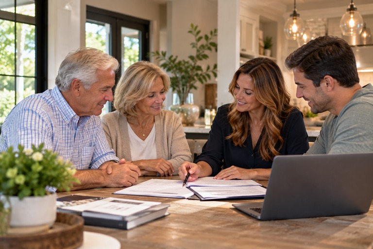 Parents and their adult children reviewing home purchase paperwork together