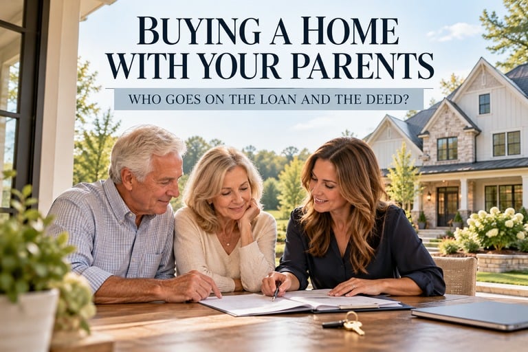 Adult daughter reviewing home purchase paperwork with her parents