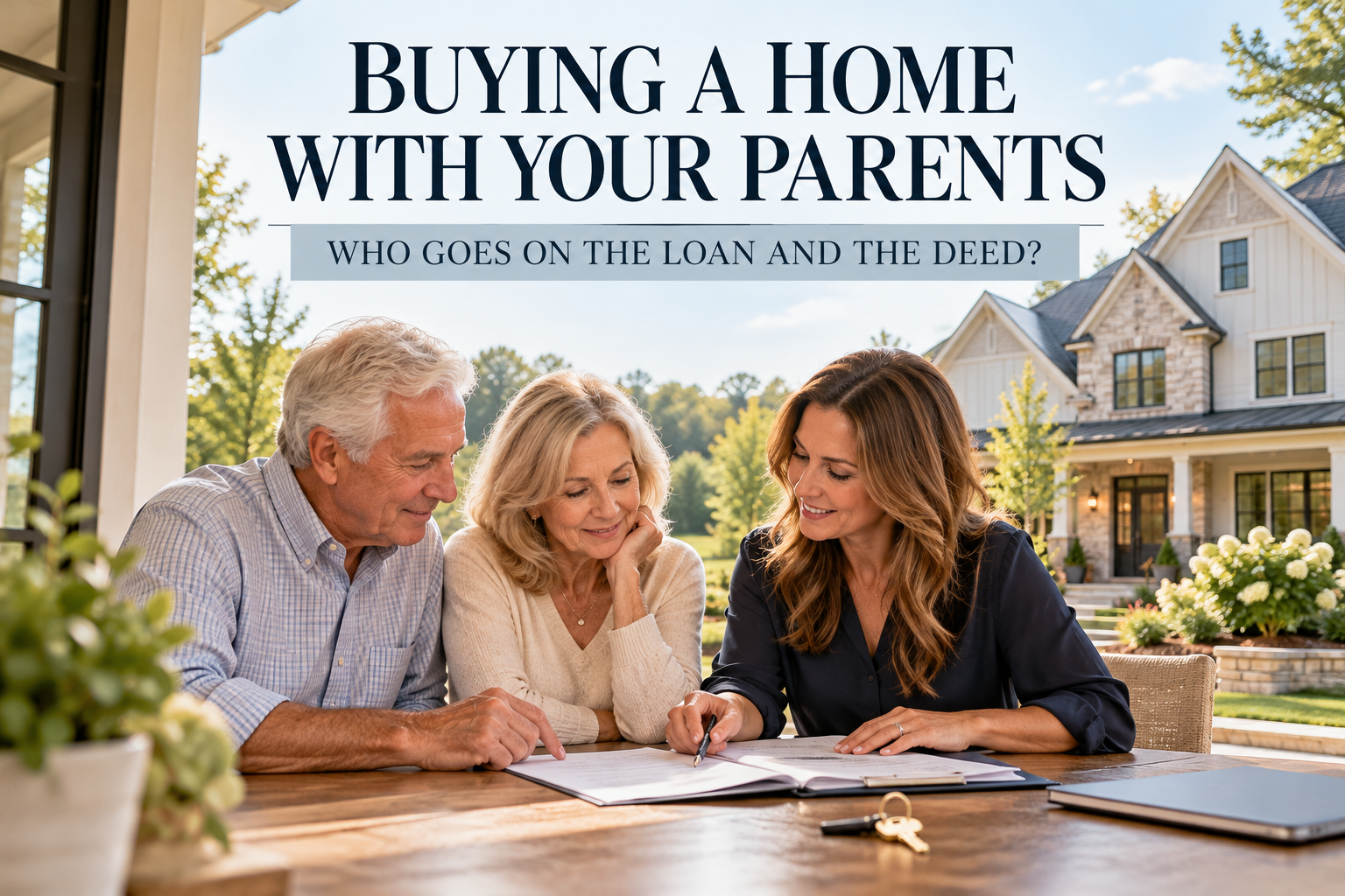 Adult daughter reviewing home purchase paperwork with her parents