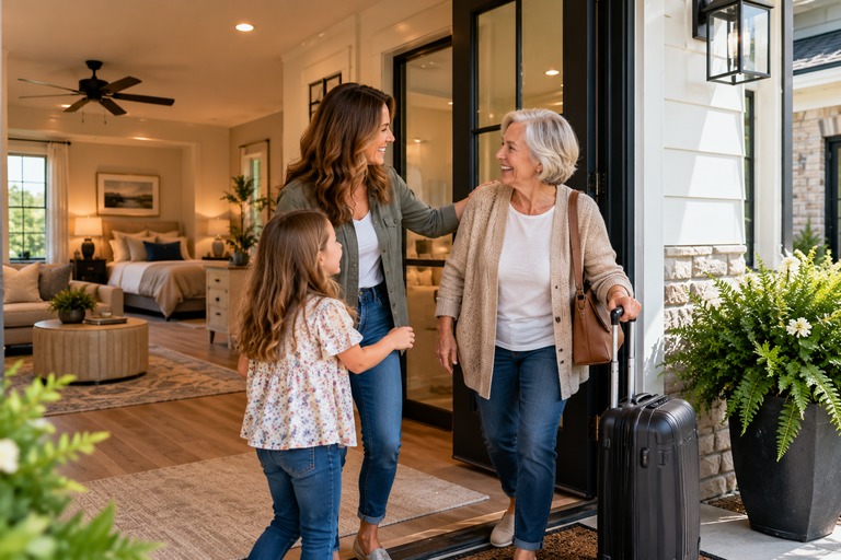 Mother and granddaughter welcoming grandmother home to her in-law suite