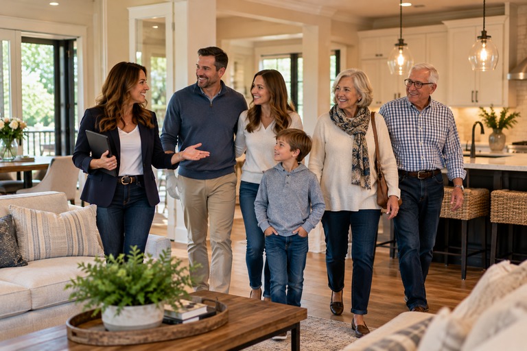 Three generations of a family touring a home with their Realtor