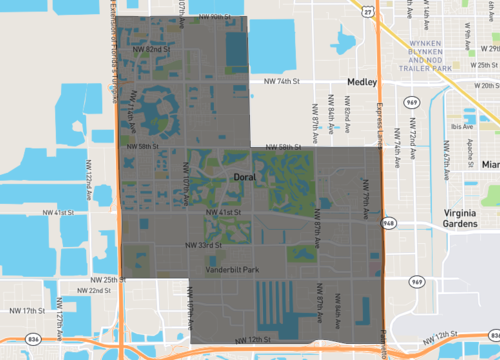 Doral Florida map with highlighted boundaries near Miami