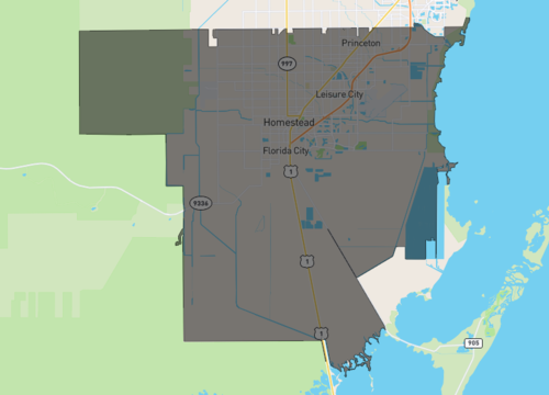 Homestead Florida map with highlighted boundaries in Miami-Dade County
