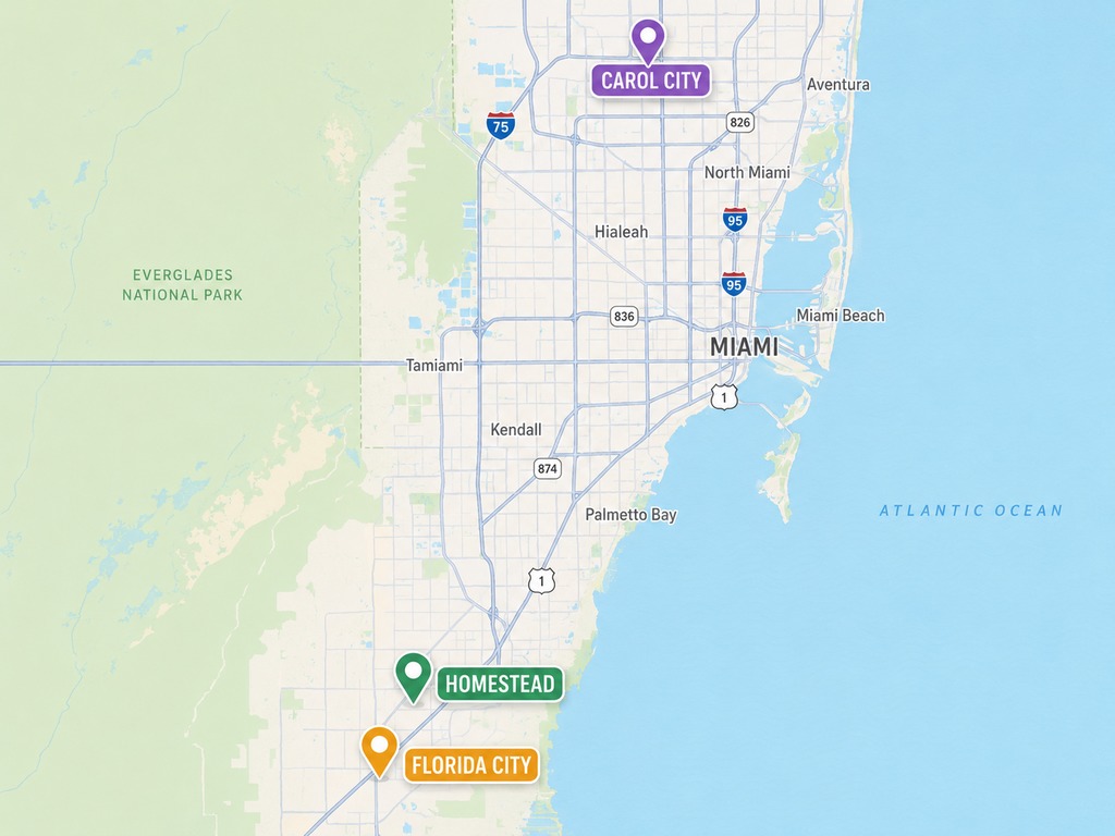 Casas nuevas en Miami, mapa de zonas accesibles, Miami-Dade