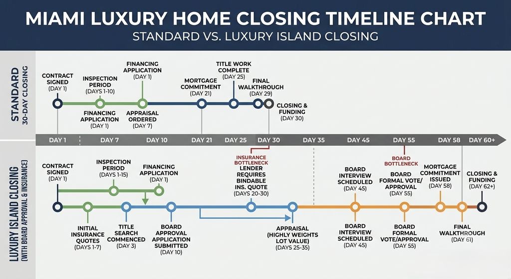 Miami luxury home closing timeline chart, board approval and insurance, Labrada Realty