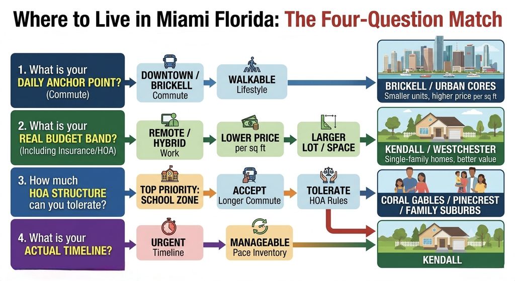 Where to Live in Miami Florida: The Four-Question Match" Alt: "Miami areas to live decision framework chart, Labrada Realty
