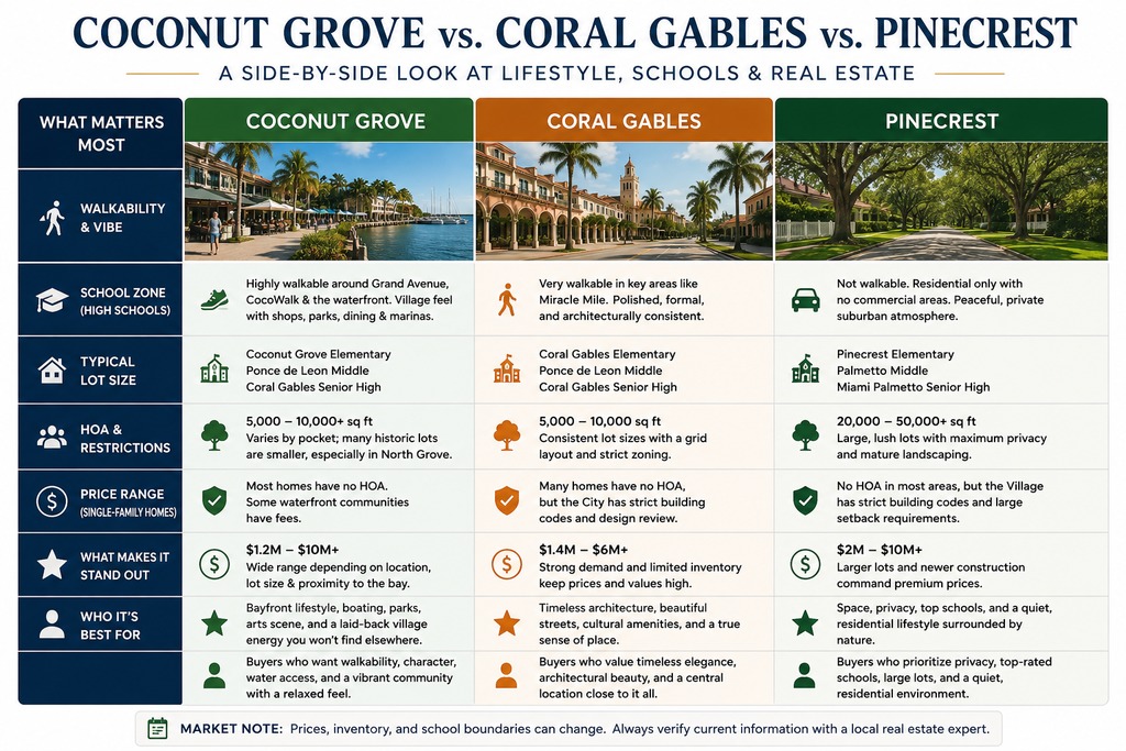 Coconut Grove Coral Gables Pinecrest lifestyle comparison chart Miami Labrada Realty