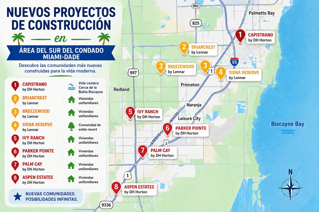 Mapa de proyectos activos de constructores de casas nuevas en venta en miami, corredor US-1 Homestead, Labrada Realty