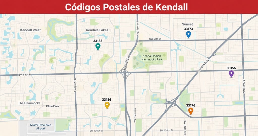 Mapa de códigos postales de Kendall Miami con rangos de precios por zona, Labrada Realty