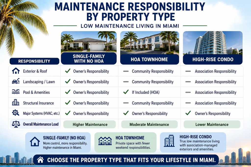 Low maintenance home ownership responsibility comparison chart Miami, Labrada Realty