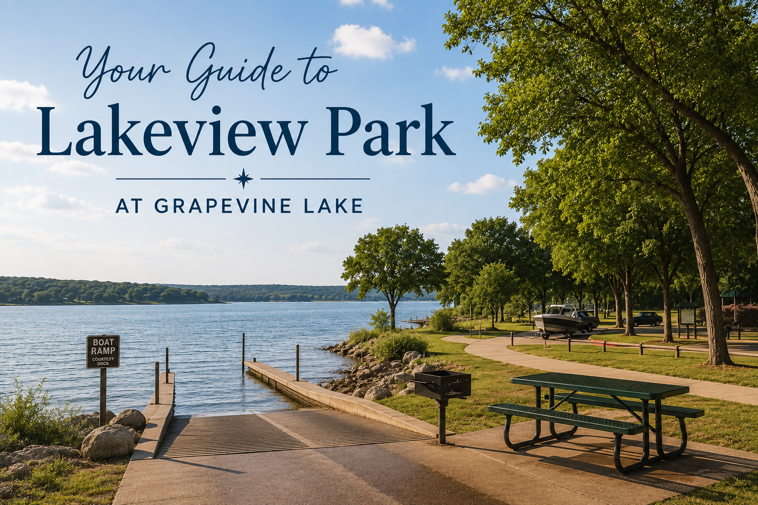 Lakeview Park shoreline and boat ramp at Grapevine Lake on a clear afternoon