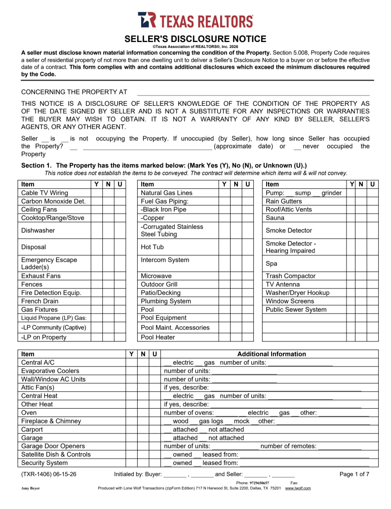 Sample trec seller's disclosure 2026