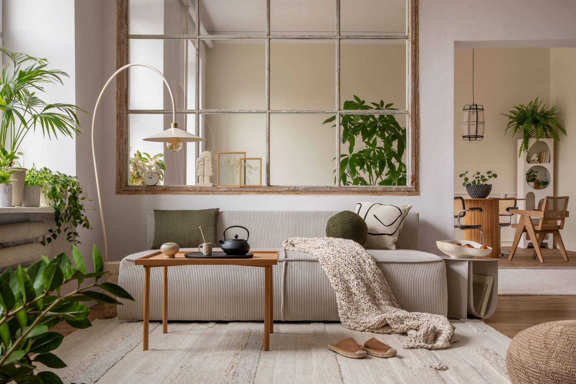 Interior design of open space interior with modular sofa, big window, stylish lamp, wooden coffee table, round table, rattan chair, pillows, plants and personal accessories. Home decor. Template.