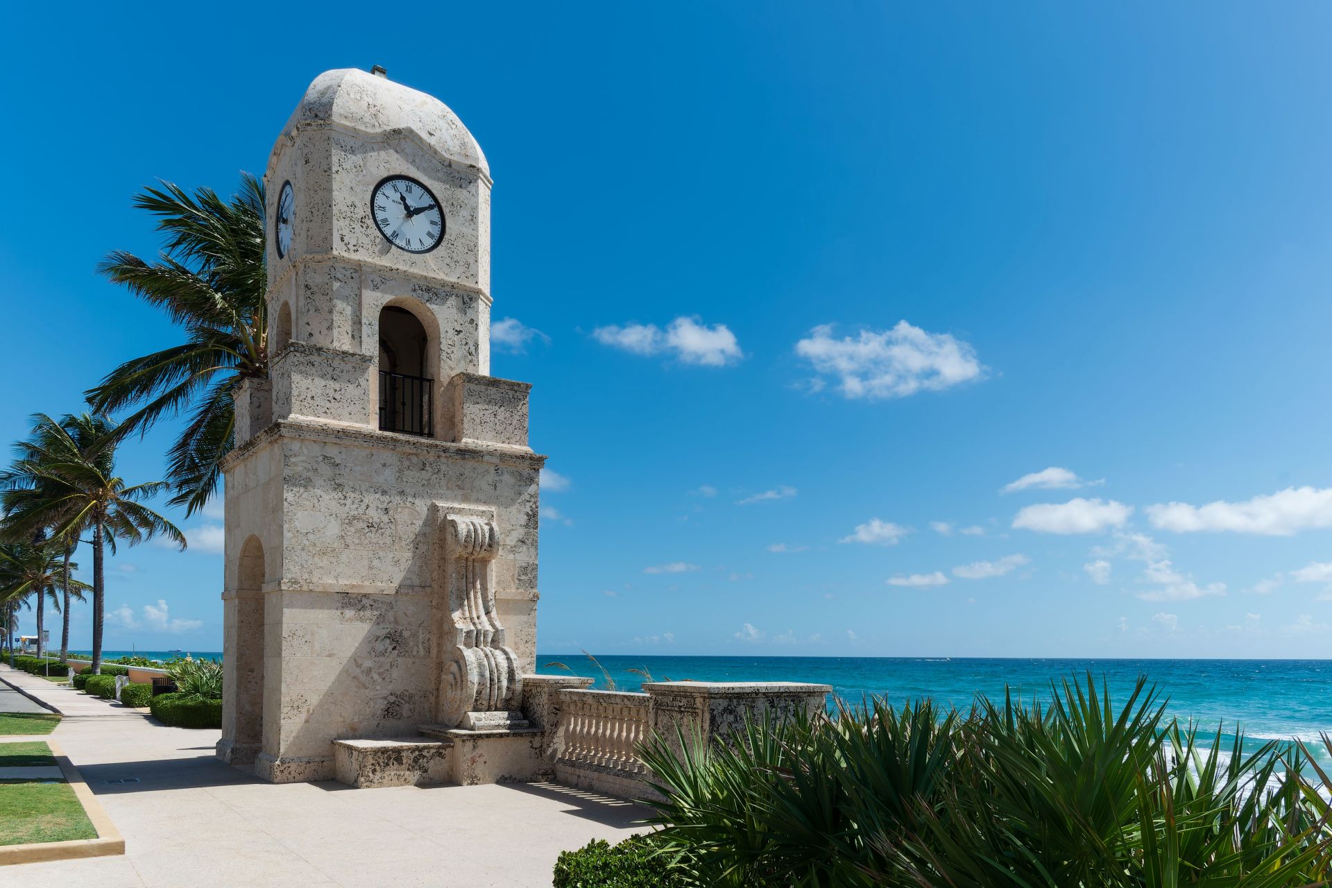 A scenic view of the clock tower on Worth Avenue in Palm Beach, Florida.