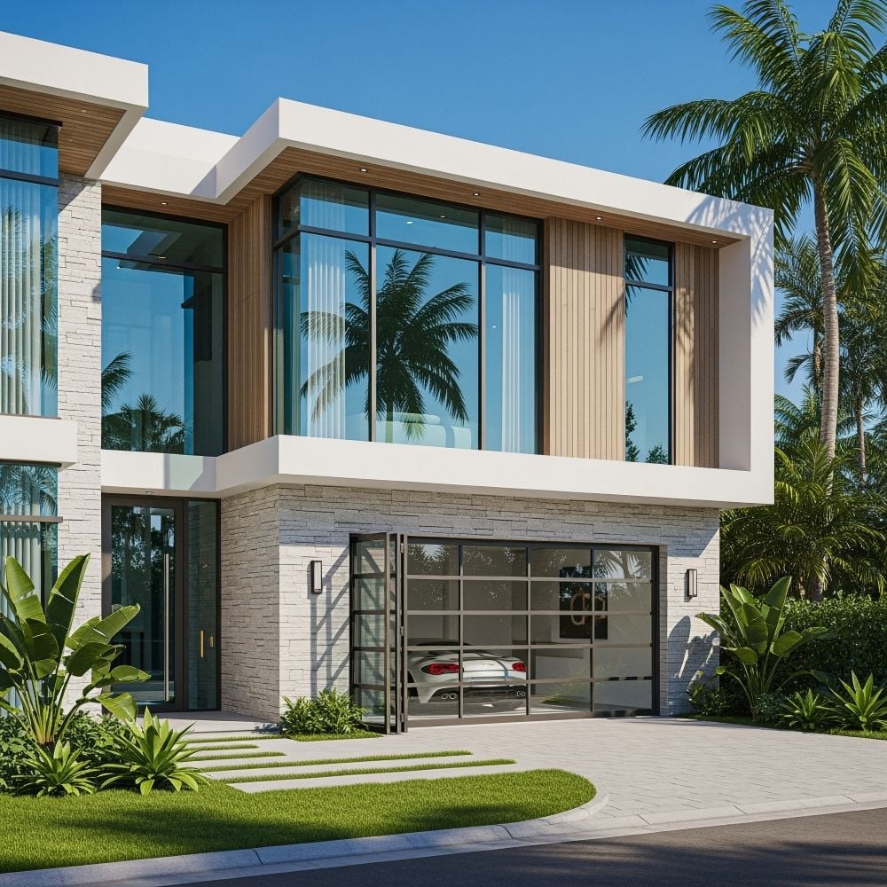 hydraulic lift bi folding glass garage door on a modern south Florida styled mansion illustration