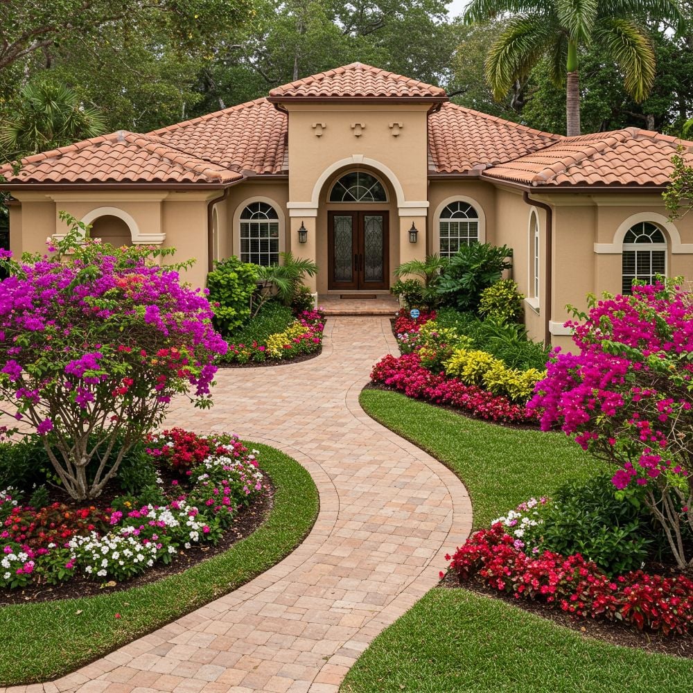 photo looking front yard with flower gardens and a paver pathway to the front door with meditterranean house in the background and florida colorful landscaping