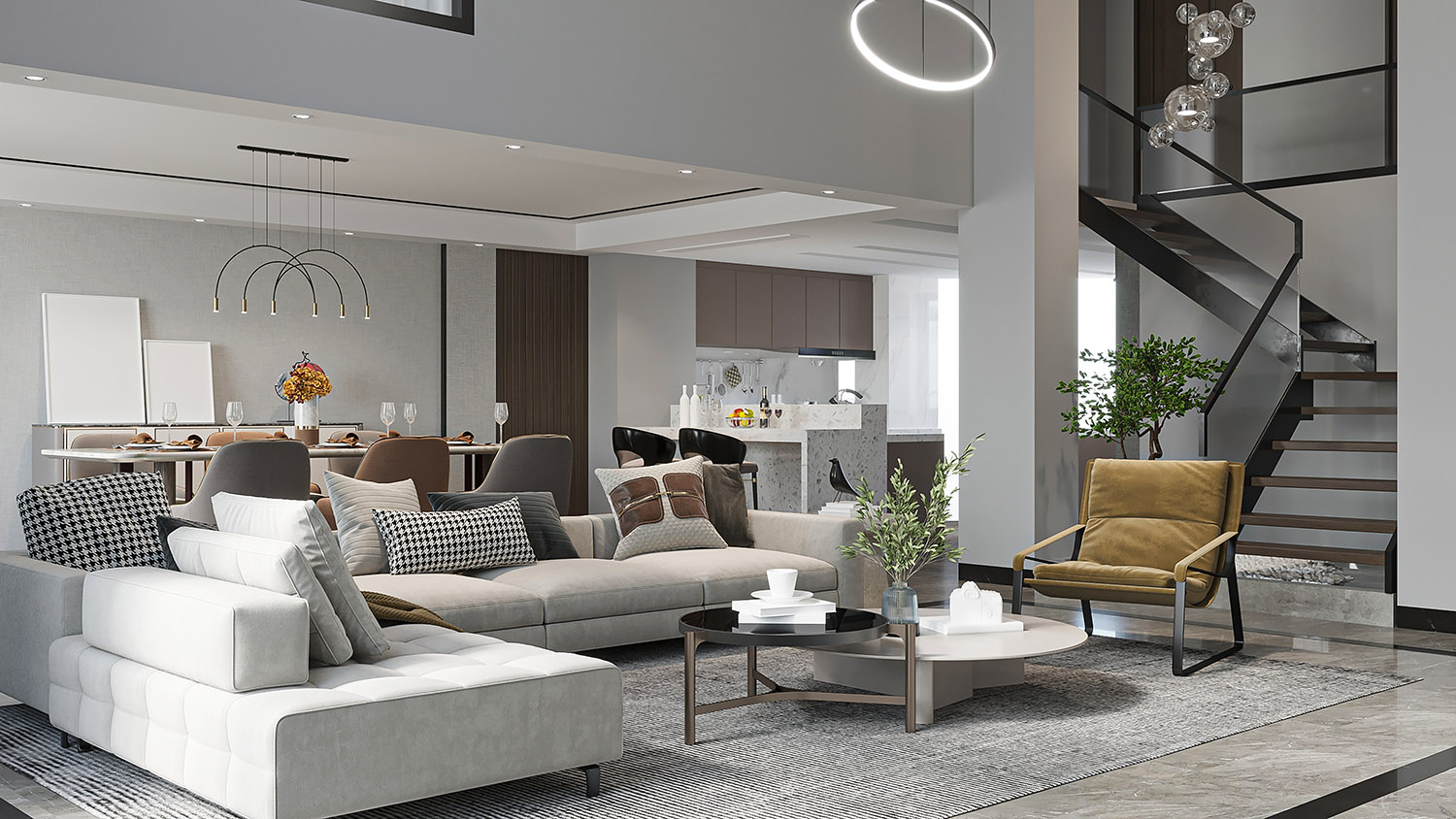 Modern,Open-plan,Living,Room,With,Double-height,Ceiling,And,Dramatic,Staircase