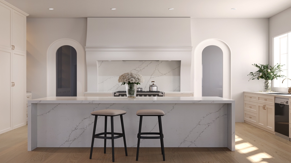 Bright,Kitchen,With,Island,Countertop,,Metallic,Fixtures,,Wooden,Stools.,3d