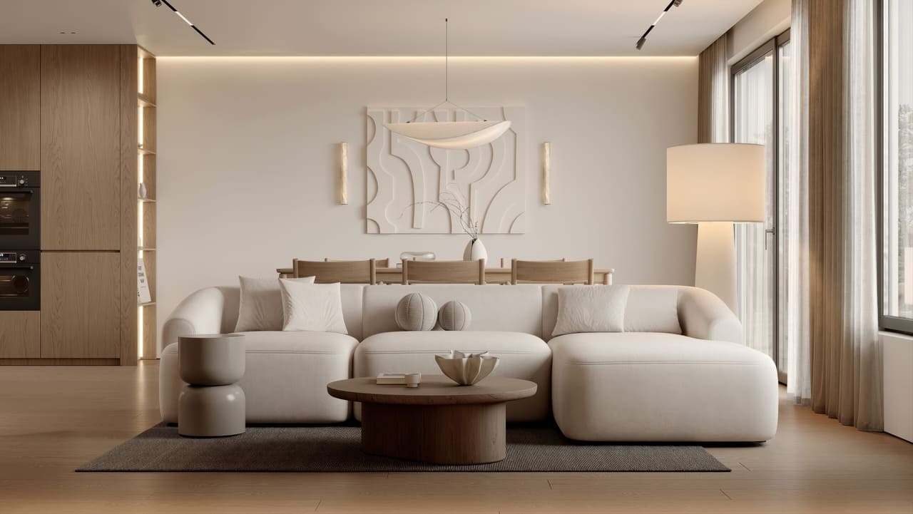 Modern contemporary living room with kitchen and dining room. Luxurious apartment background with contemporary design. Modern interior design with sofa and TV wall. 3D render, 3D illustration. (1)