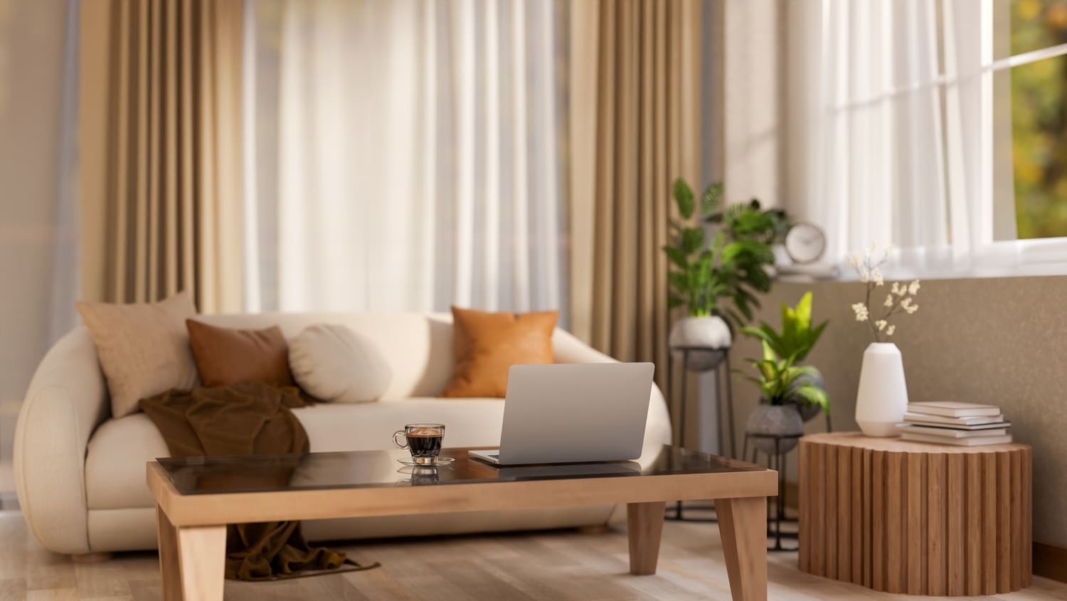 The laptop and coffee cup place on square wooden table with glass surface in front of a leather sofa. Modern Earth tone interior. 3D rendering, 3D illustration.