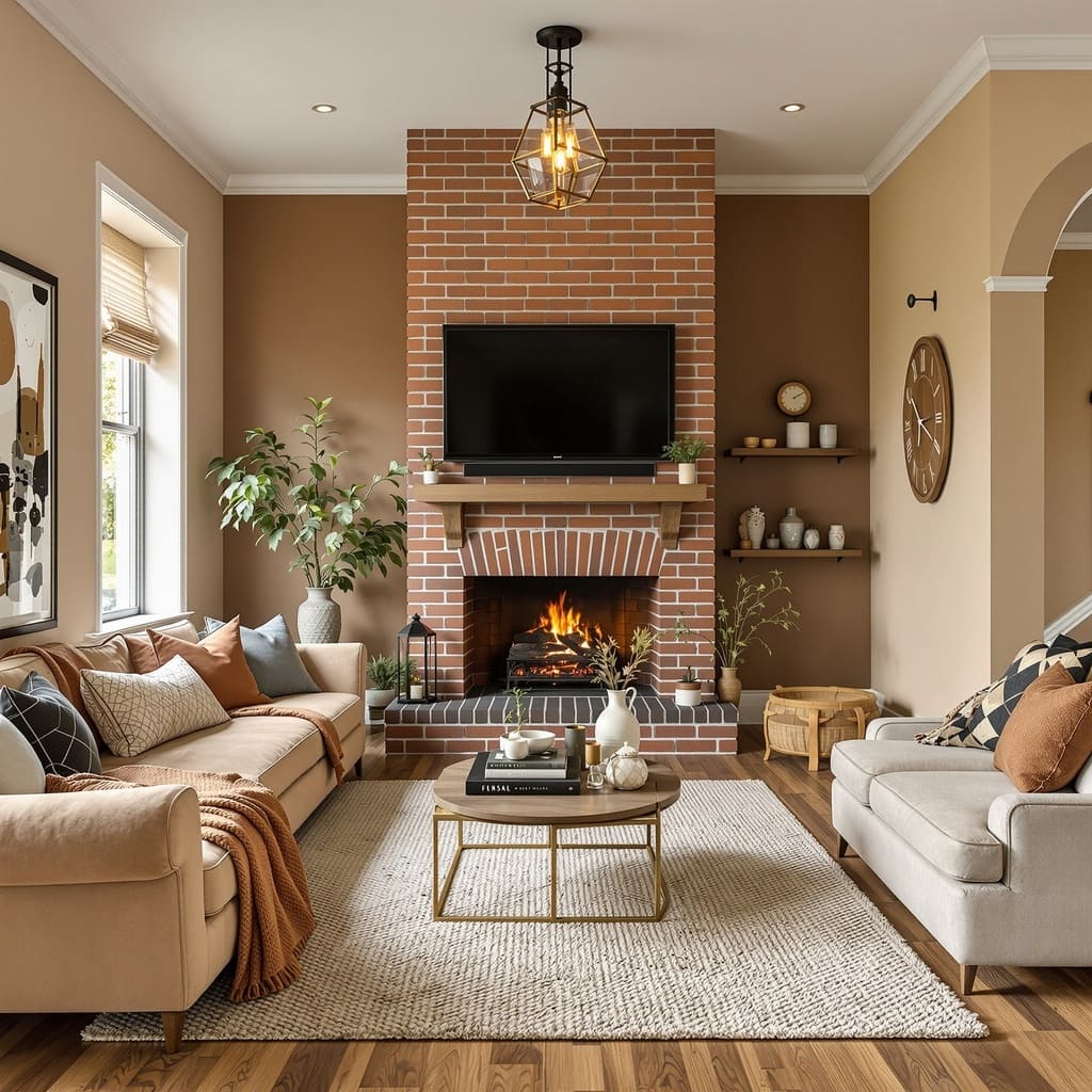 house with all rooms with earthy colors and brick on walls and cozy decoration