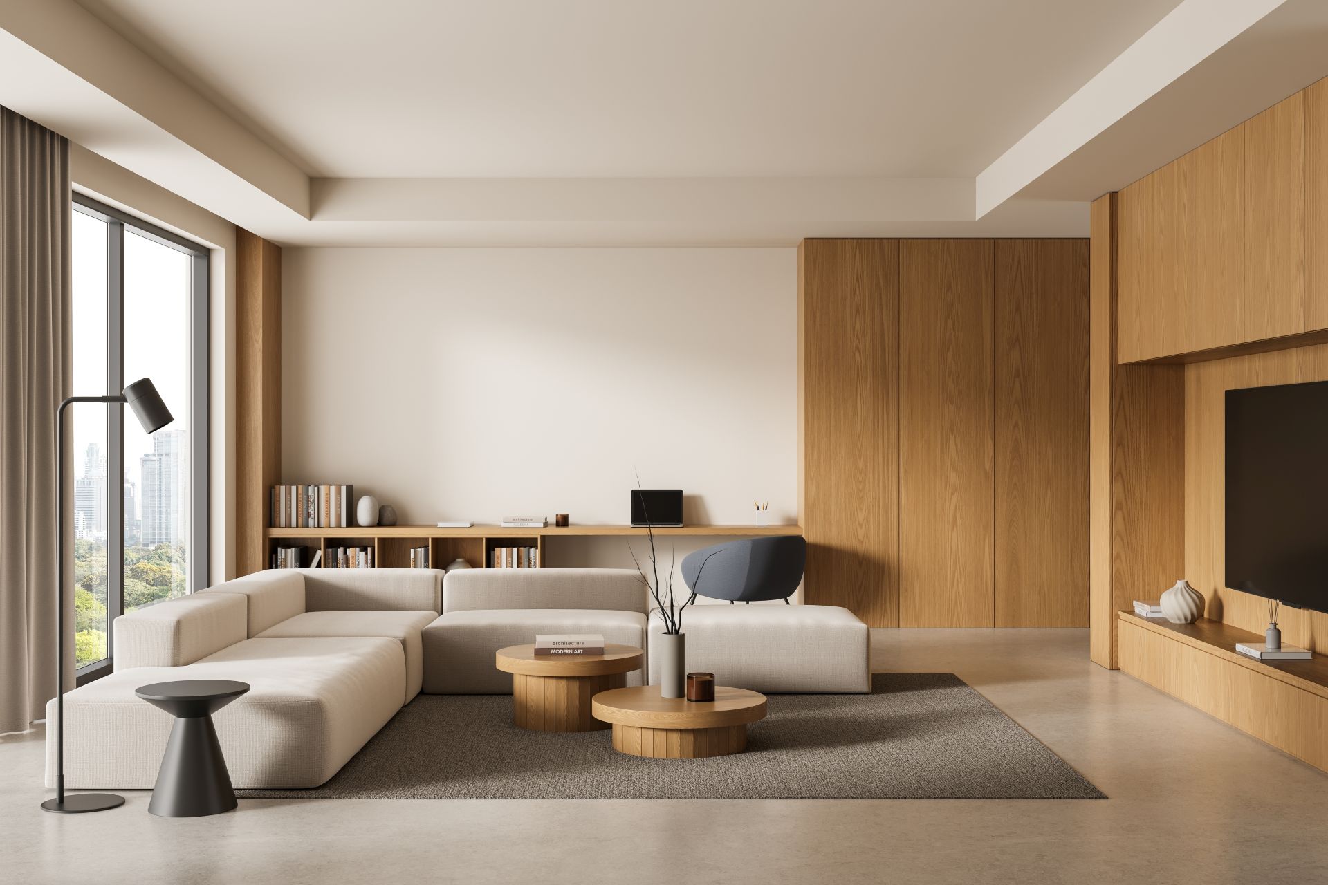 Contemporary living room interior with beige sectional sofa, wood paneling, round tables, and city view window on neutral background. 3D Rendering