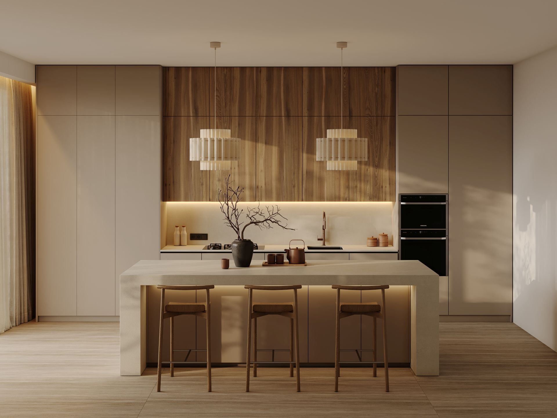 Japandi style kitchen interior with island counter in neutral beige tones and natural wood finishes