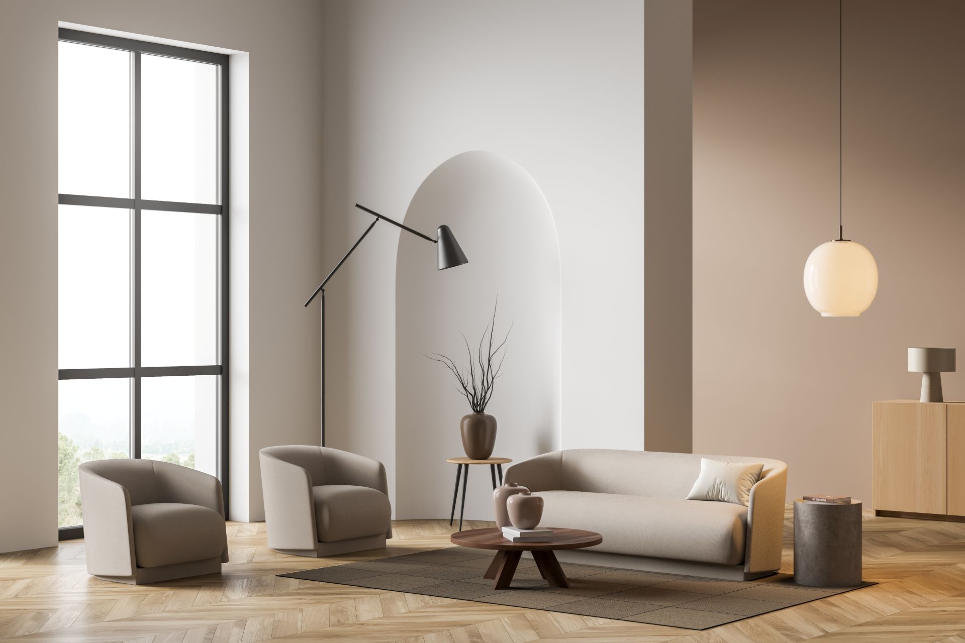 Modern villa living room design interior, beige furniture, bright walls, hardwood flooring, sofa, armchair with lamp. Concept of relax. 3d rendering