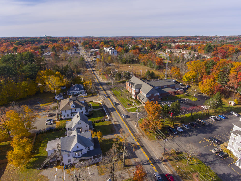 Tewksbury historic town center aerial view on Main Street in fall, Tewksbury, Massachusetts, MA, USA.