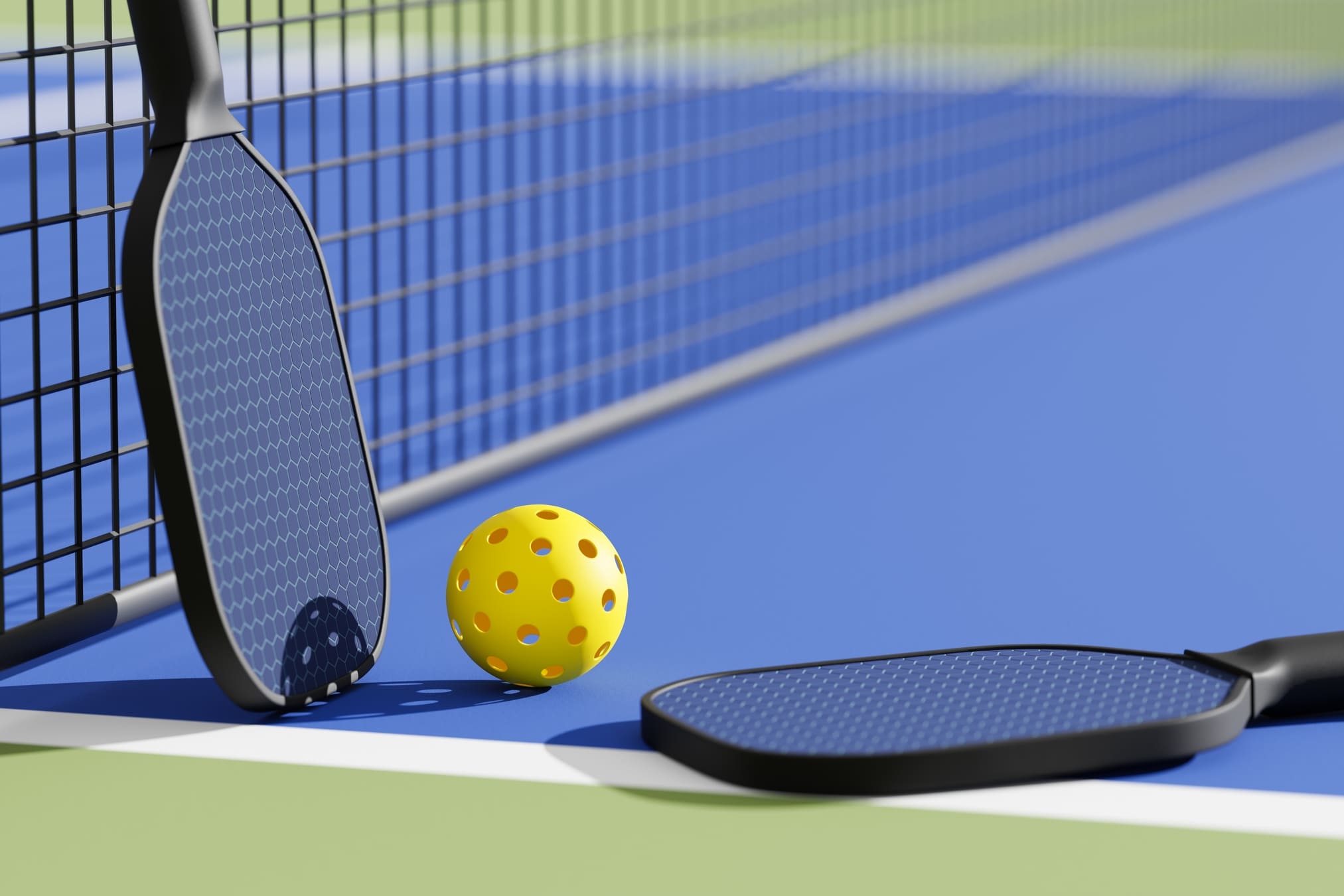 Pickleball sport equipments, paddles and basket of balls on court leaning against the net. 3d illustration, render. Selective focus, copy space