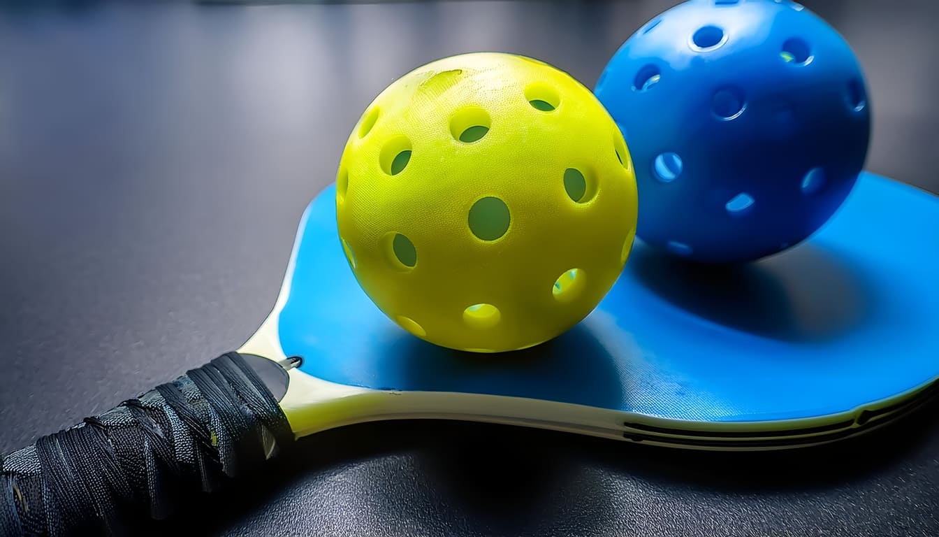 Two Plastic Pickleball Balls Close-up. Perforated Balls for Popular American Racket Sport