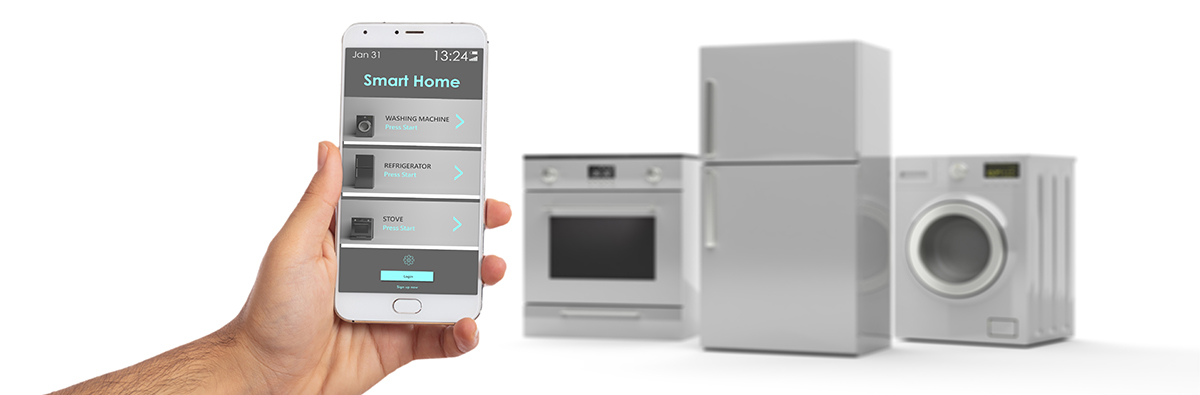 Home appliances set and smart phone on white background. 3d illu
