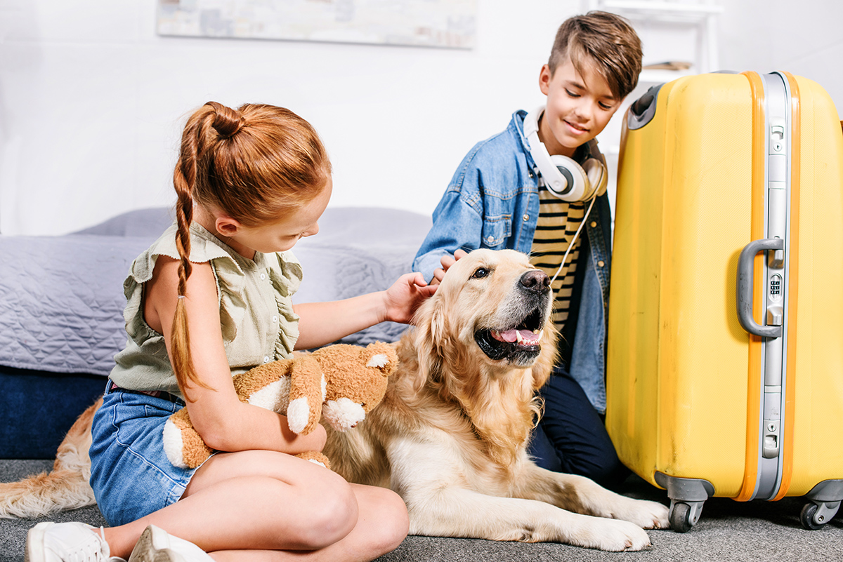 adorable kids petting dog in bedroom with yellow suitcase for tr