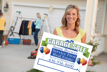 garage sale lady w sign