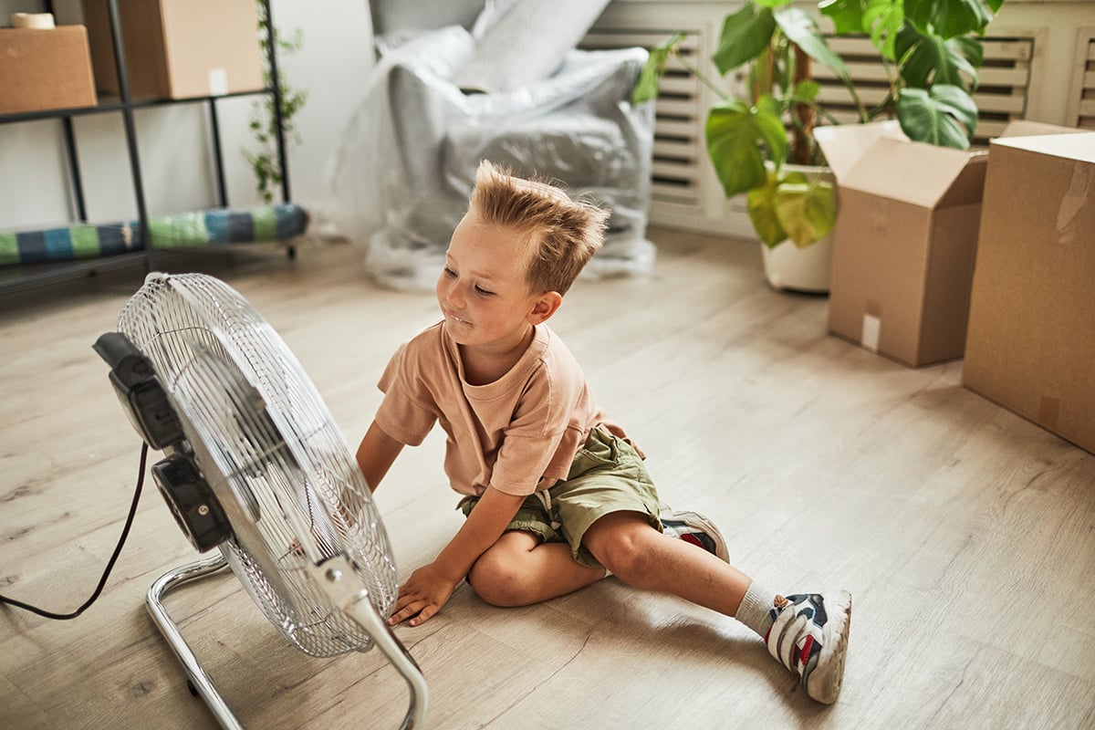 Cute Boy Sitting by Fan Indoors