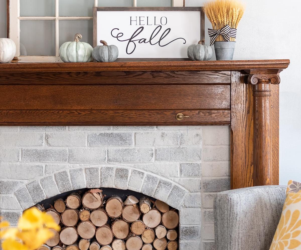 Hello fall sign on the mantel - autumn style for the home